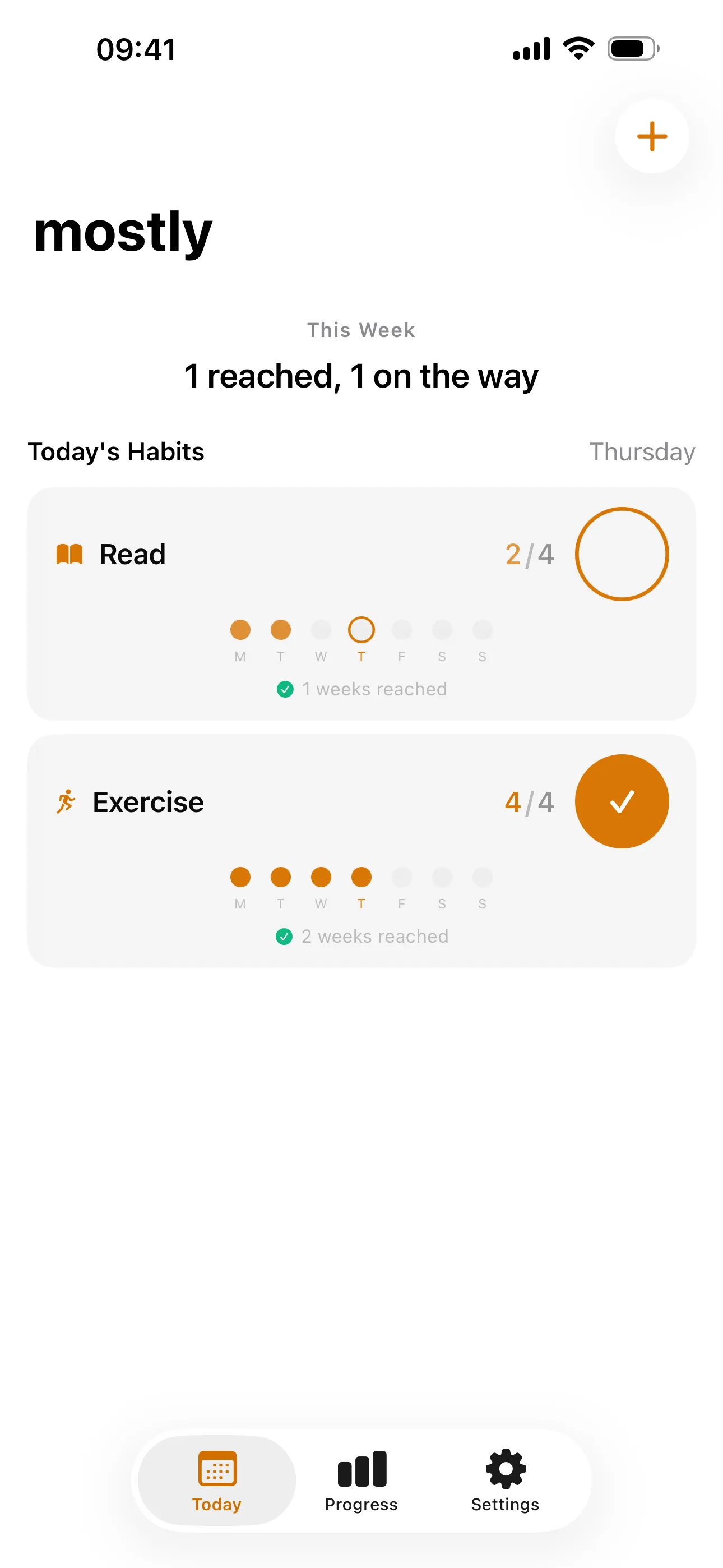 mostly app showing today's habits